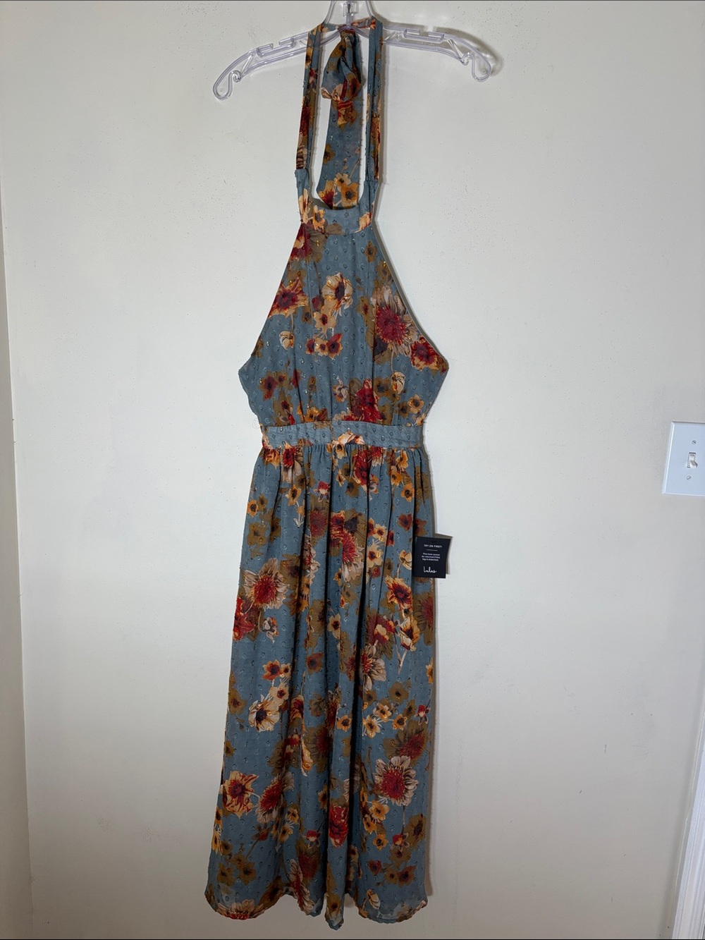 Lulu's Dusty Blue Floral Halter Maxi Dress